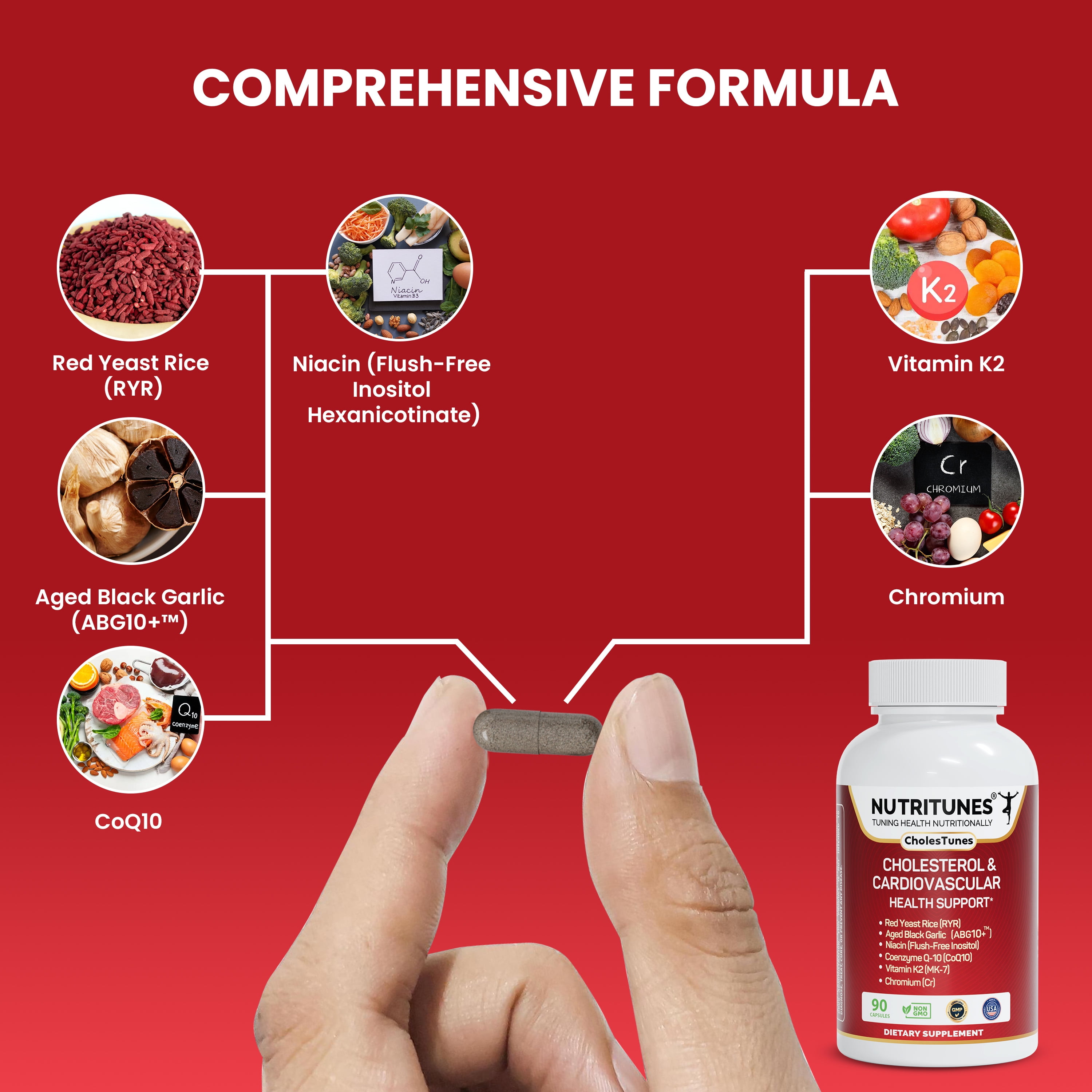 Cholestunes –Cholesterol & Heart Health Support Advanced Supplement  Red Yeast Rice (RYR), Aged Black Garlic CoQ10, Niacin (Flush-Free), Chromium & Vitamin K2– 90 Capsules