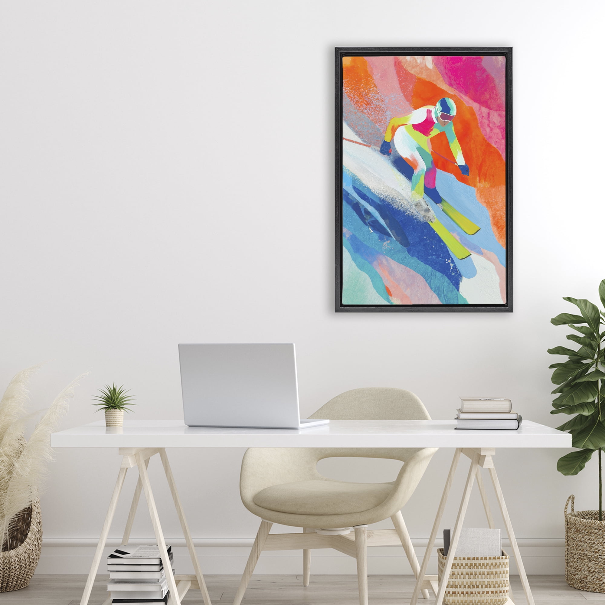 Stupell Industries Skiing Down Neon Slopes Black Framed Floater Canvas Wall Art, design by Chromatic Storm Studio