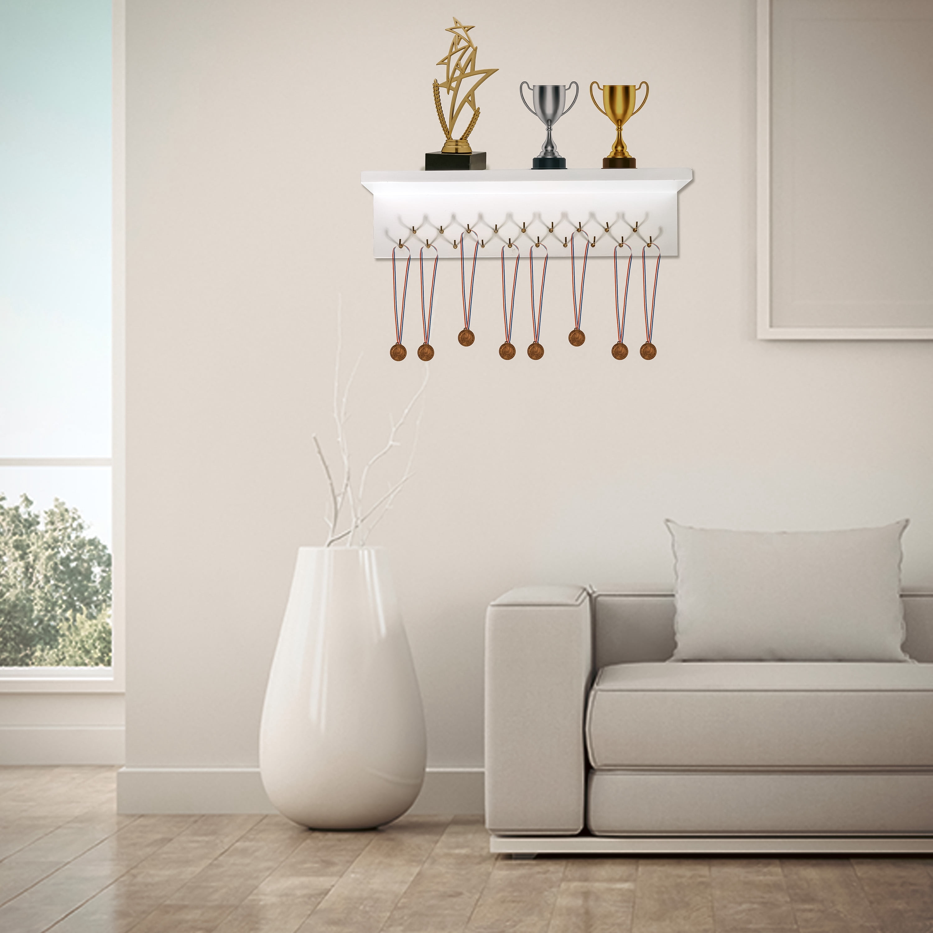 Trophy, Medal & Ribbon Display Shelf with Hanging Hooks