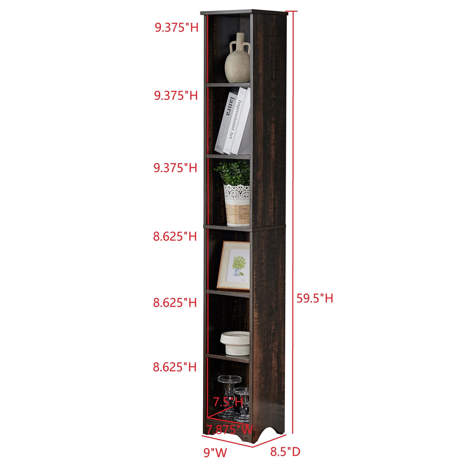 Kings Brand Furniture Mora 6-Tier Tall Narrow Slim Bookcase, Antique White