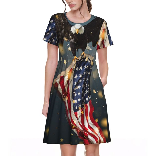 Fotbe Robe Motif Aigle Chauve Nord-Américain Décontractée Mode Femme Manches Courtes Robe Maxi Robe T-Shirt Rayée Longue à Blocs de Couleur