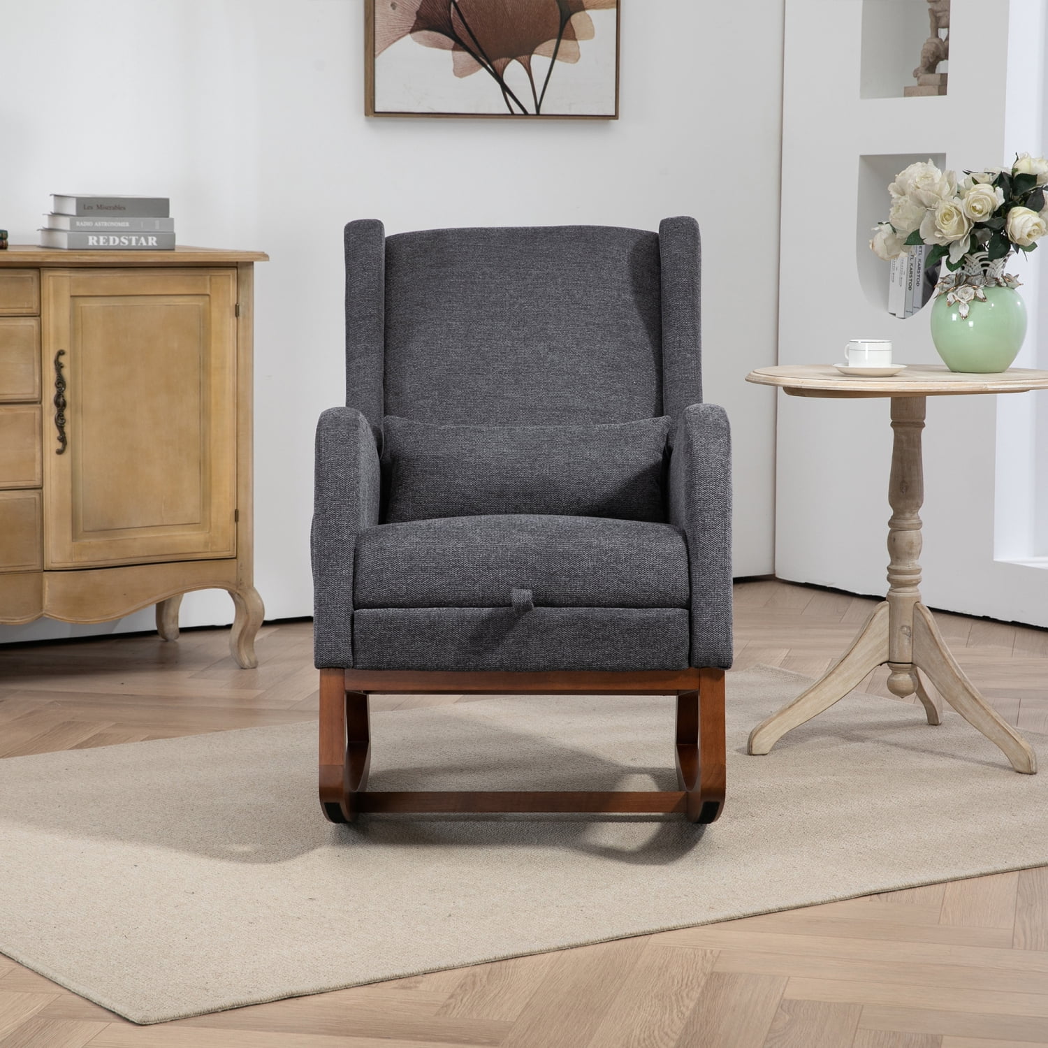 Miekor Furniture 25.4" W Modern Rocking Chair for Nursery,Mid Century Accent Arm Rocker With Retractable Footrest,Side Pocket,Comfy Upholstered Wingback Wooden Glider Chair MK3968