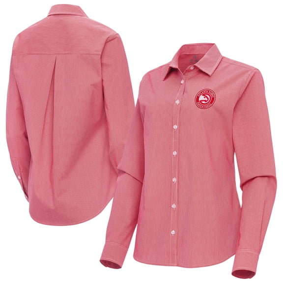 Women's Antigua Red Atlanta Hawks Porter Woven Long Sleeve Button-Up Shirt
