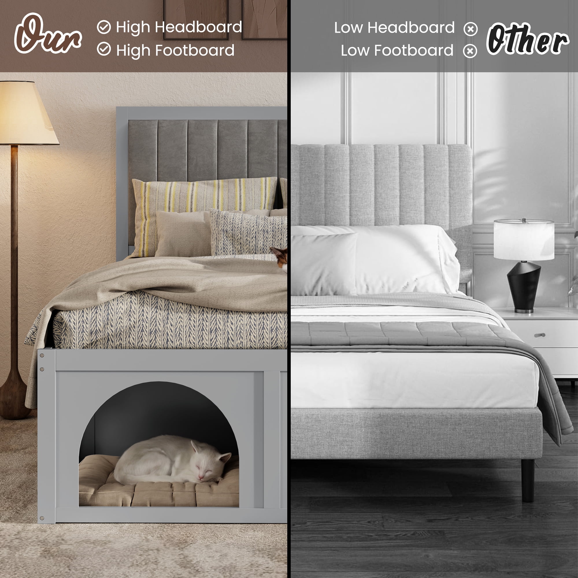 Mintazer Full Size Upholstered Platform Bed Frame with Under‑Bed Pet Nook, Channel Tufted Headboard Bed for Bedroom, Black