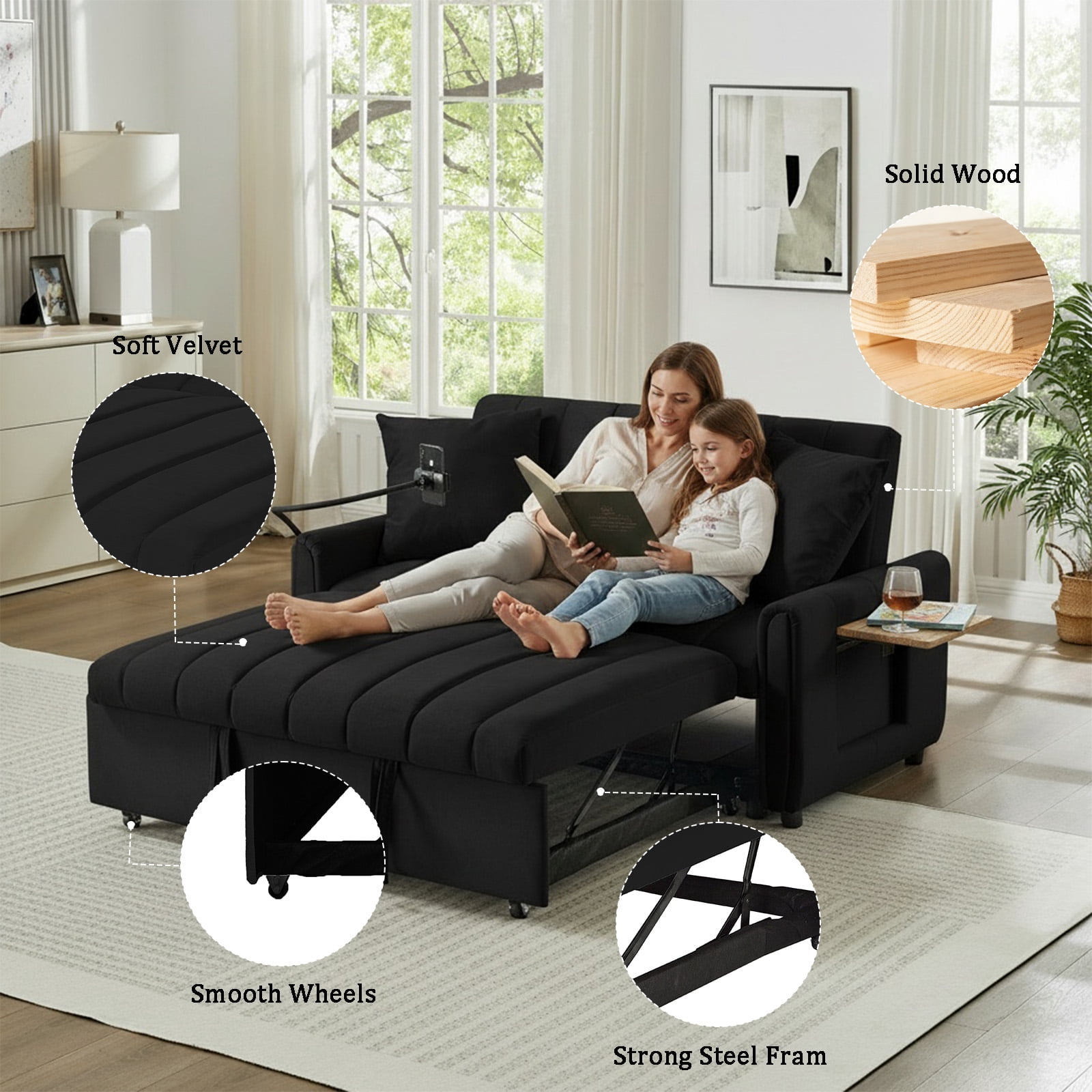 3‑in‑1 Convertible Sleeper Sofa Bed, Velvet Pull‑Out Loveseat Sofa with 3‑Level Adjustable Backrest, USB Charging Ports, Foldable Side Table & Phone Holder for Living Room Apartment, Black