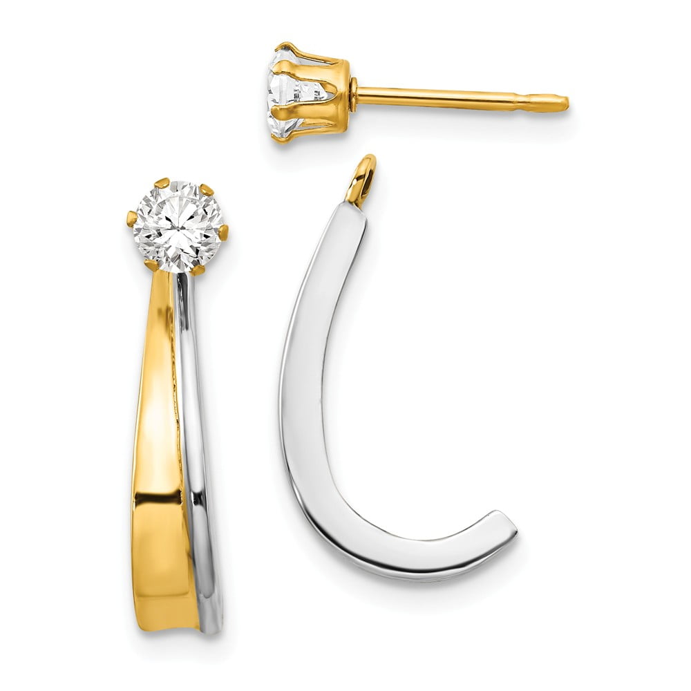 Solid 14k Yellow Gold J Hoop with Rhodium and CZ Cubic Zirconia Earring ...