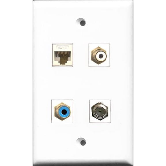 RiteAV 1 Port RCA White and 1 Port RCA Blue and 1 Port Coax Cable TV- F-Type and 1 Port Cat6 Ethernet White Wall Plate