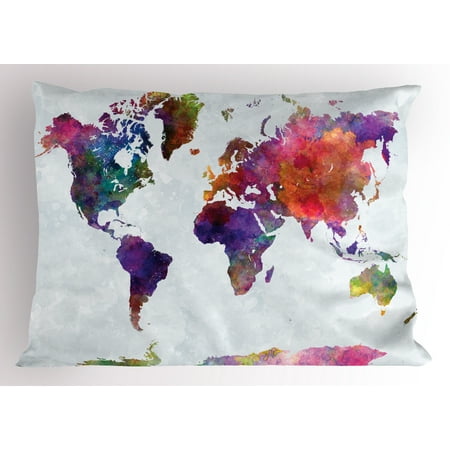 African Pillowcase - Watercolor Pillow Sham Multicolored Hand Drawn World Map Asia Europe Africa America Geography Print, Decorative Standard Size Printed Pillowcase, 26 X 20 Inches, Multicolor, by Ambesonne