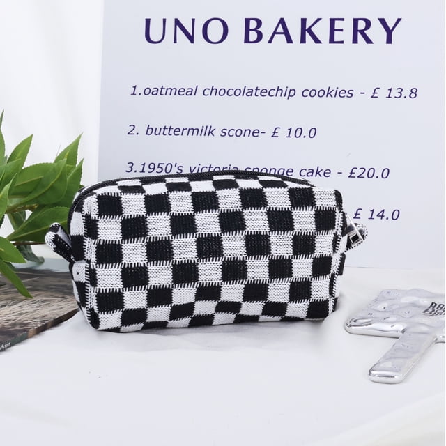 Bolsa de cosméticos de punto con diseño de tablero de ajedrez, bolsa de almacenamiento de lana de colores en contraste, bolsa de lavado, bolsa de archivo portátil de gran capacidad, estuche para