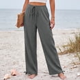 thumbnail image 2 of Wide Leg Linen Pants for Women Casual Drawstring Palazzo Pants Summer Vacation Beach Flowy Trousers with Pockets, 2XL, 2 of 7