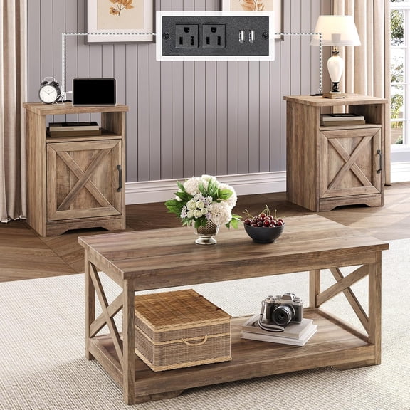 3 Piece Living Room Table Set with Barn Door, Barnwood | Includes Coffee Table and 2 End Tables, Charging Station &USB Ports, Rustic Farmhouse Style, Living Room Furniture Set