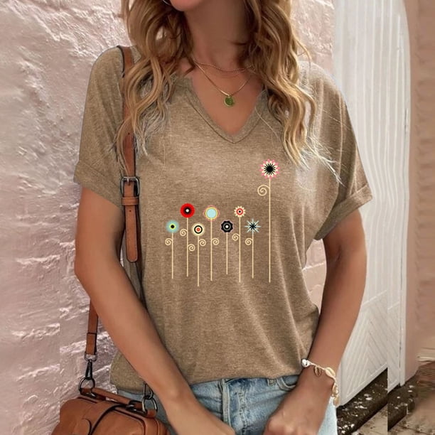 Fiudx Ofertas de La Semana Blusas con Cuello En V de Manga Corta con Estampado Informal a La Moda para Mujer