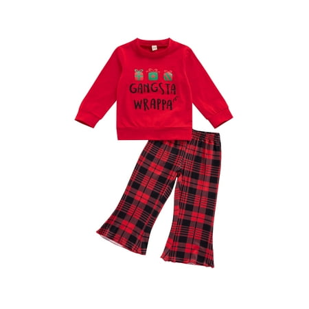 

ZIYIXIN Toddler Baby Girls Christmas Outfit Long Sleeve Letter Print Pullover Tops+ Plaids Pants Cotton Clothes Red 1-2 Years