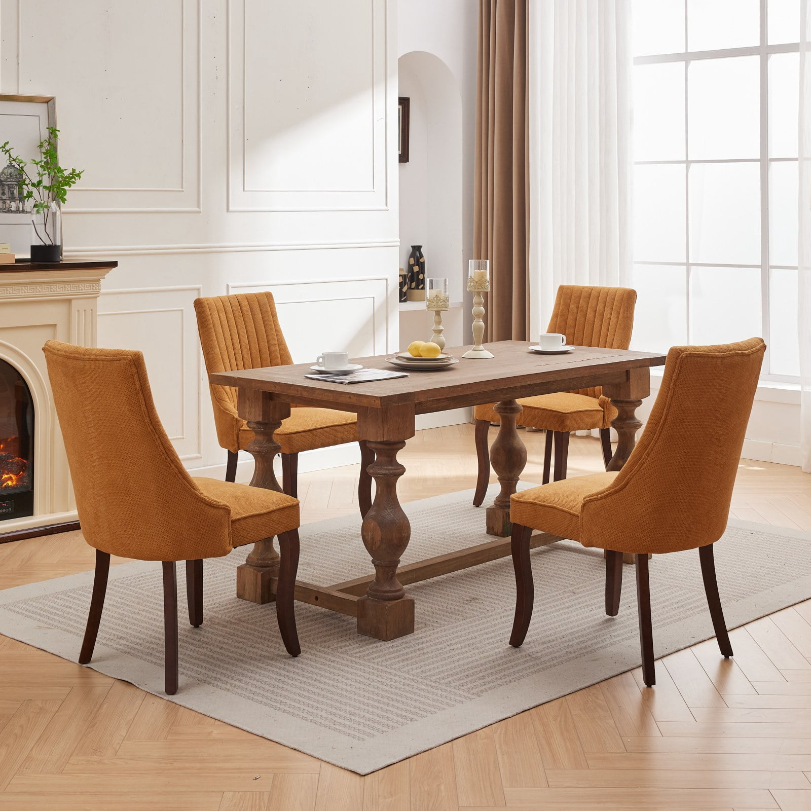 Aukfa Modern Linen Dining Chairs Set of 2, Upholstered Kitchen Side Chair Accent Chair w/ Curved Solid Wood Legs,Yellow