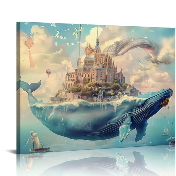 Whale Castle Digital Art Canvas Print Wall Decor Ready to Hang Home Art Decor Gift Idea 16x12in