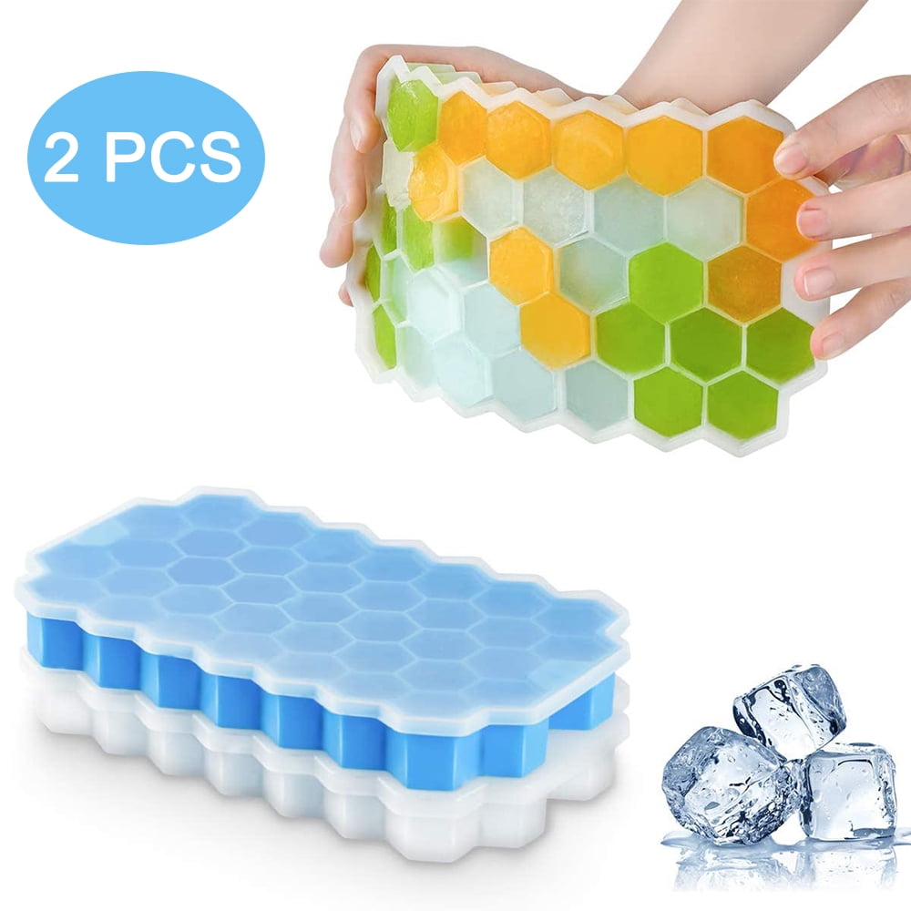 3 Pack Ice Cube Trays BPA Free Silicone Honeycomb Shape Ice Cube Molds wih Lids Make 111 Ice Cube for Whiskey Cocktail Stackable Flexible Purple+Yellow+Green 