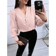 thumbnail image 4 of Women'S Business Casual Tops Summer Long Sleeve Button Down Shirts V Neck Chiffon Blouses Pink Leather S, 4 of 8