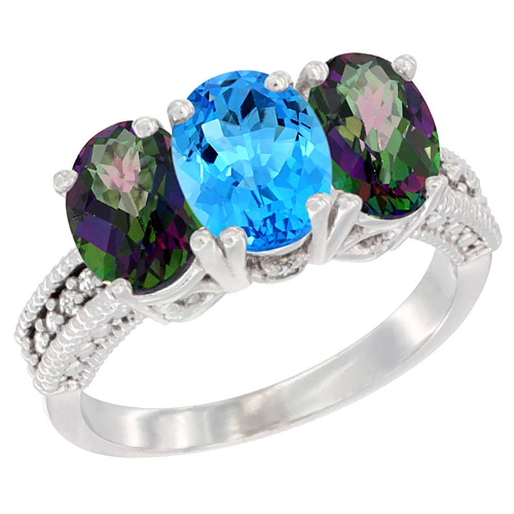 14K White Gold Natural Swiss Blue Topaz & Mystic Topaz Ring 3-Stone 7x5 mm Oval Diamond Accent, sizes 5 10 by WorldJewels