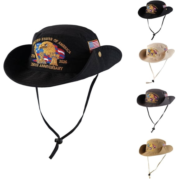 250 Anniversary USA Hat, 4th of July Patriotic Retro Adjustable Wide Brim Boonie Hat, Men & Women Top Bucket Hats