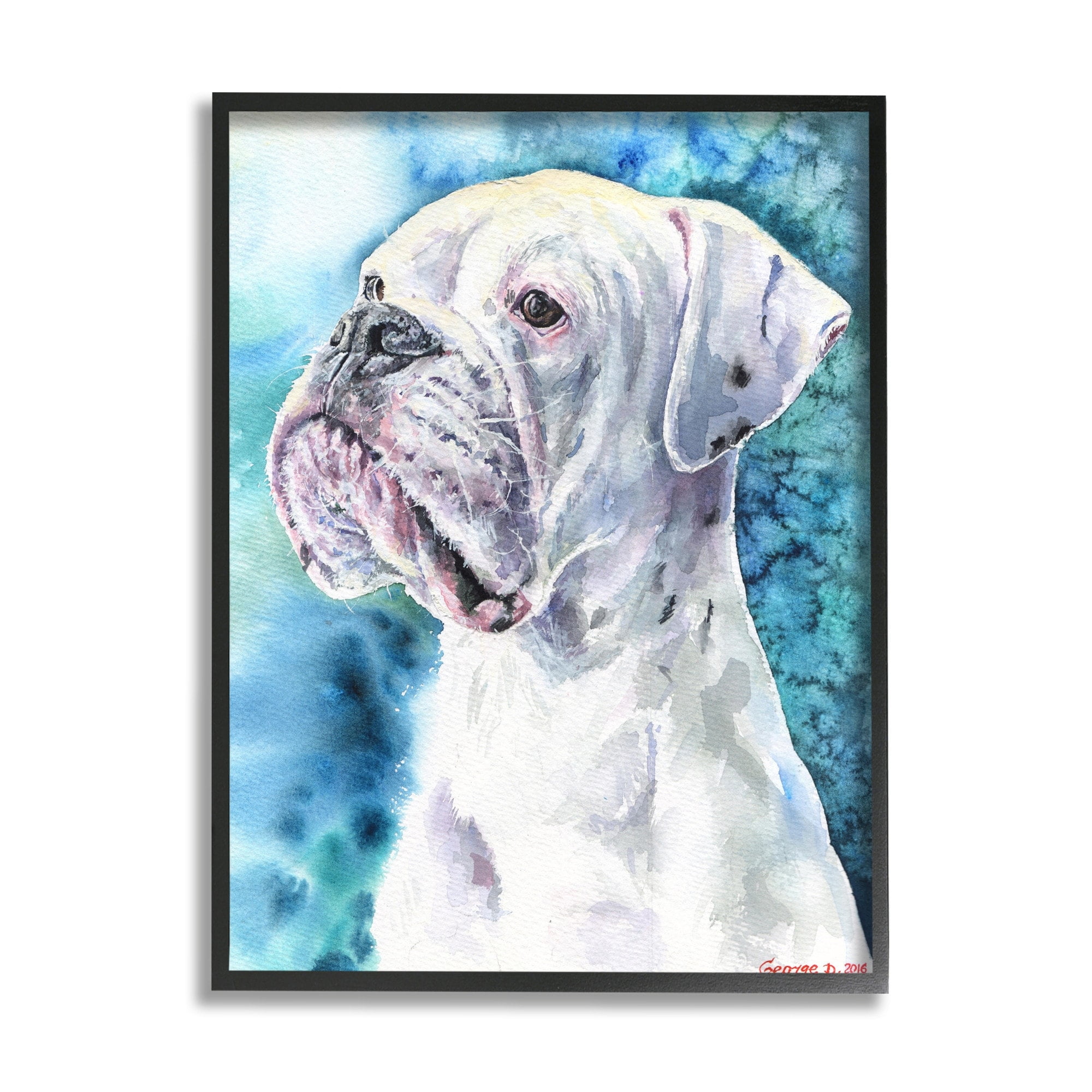 Stupell Industries White Boxer Gaze Pet Dog over Blue Grey Framed, 11 x 14, Design by George Dyachenko