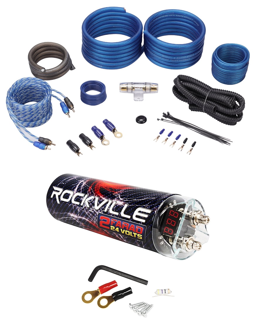 Rockville RXC2D 2 Farad Stiffening Capacitor + Rockville RWK41 4 AWG Amp Kit