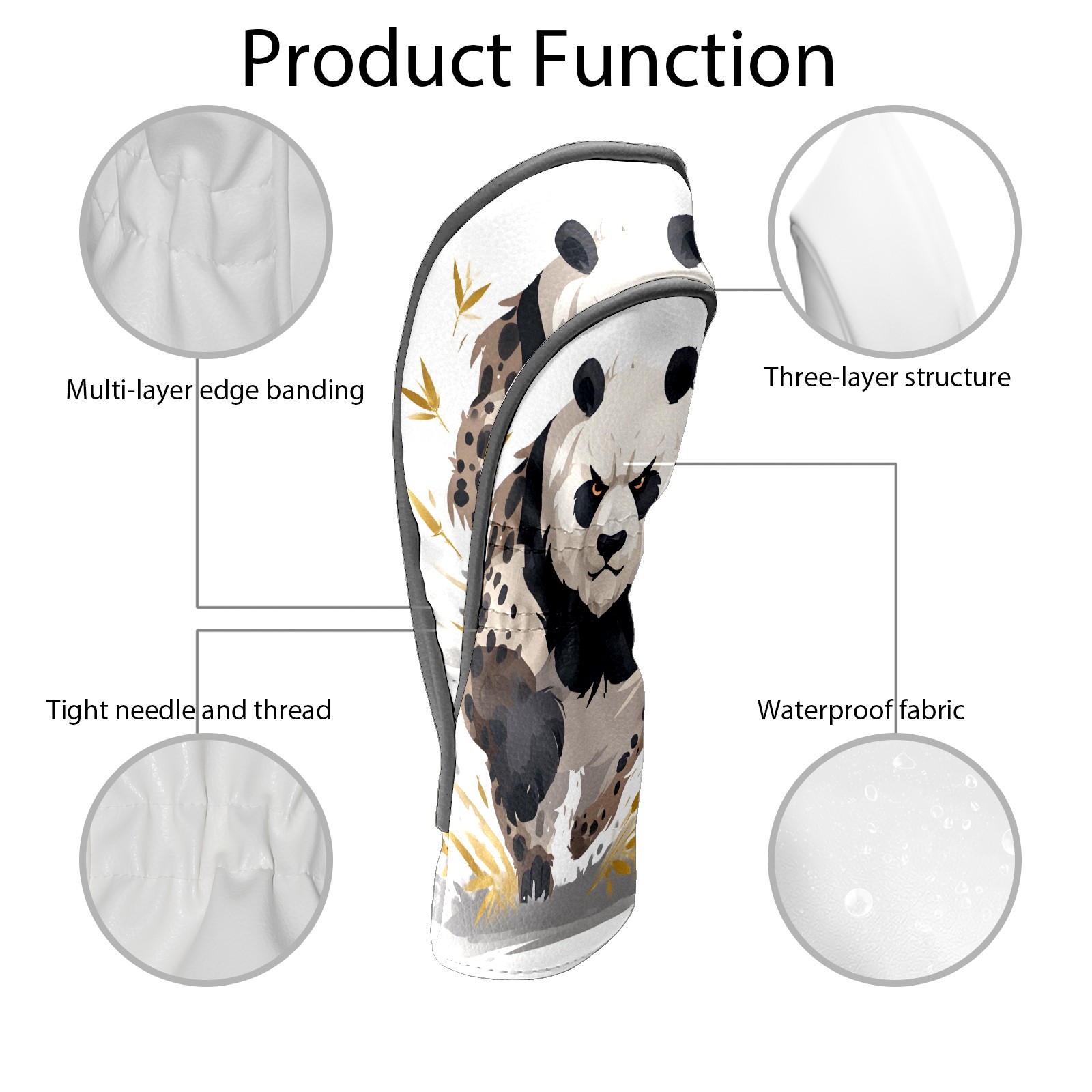 Club Head Covers - Panda Brown Design, Premium PU Leather Driver Hybrid Headcovers with Velvet Lining, Waterproof Golf Gifts for Men Women