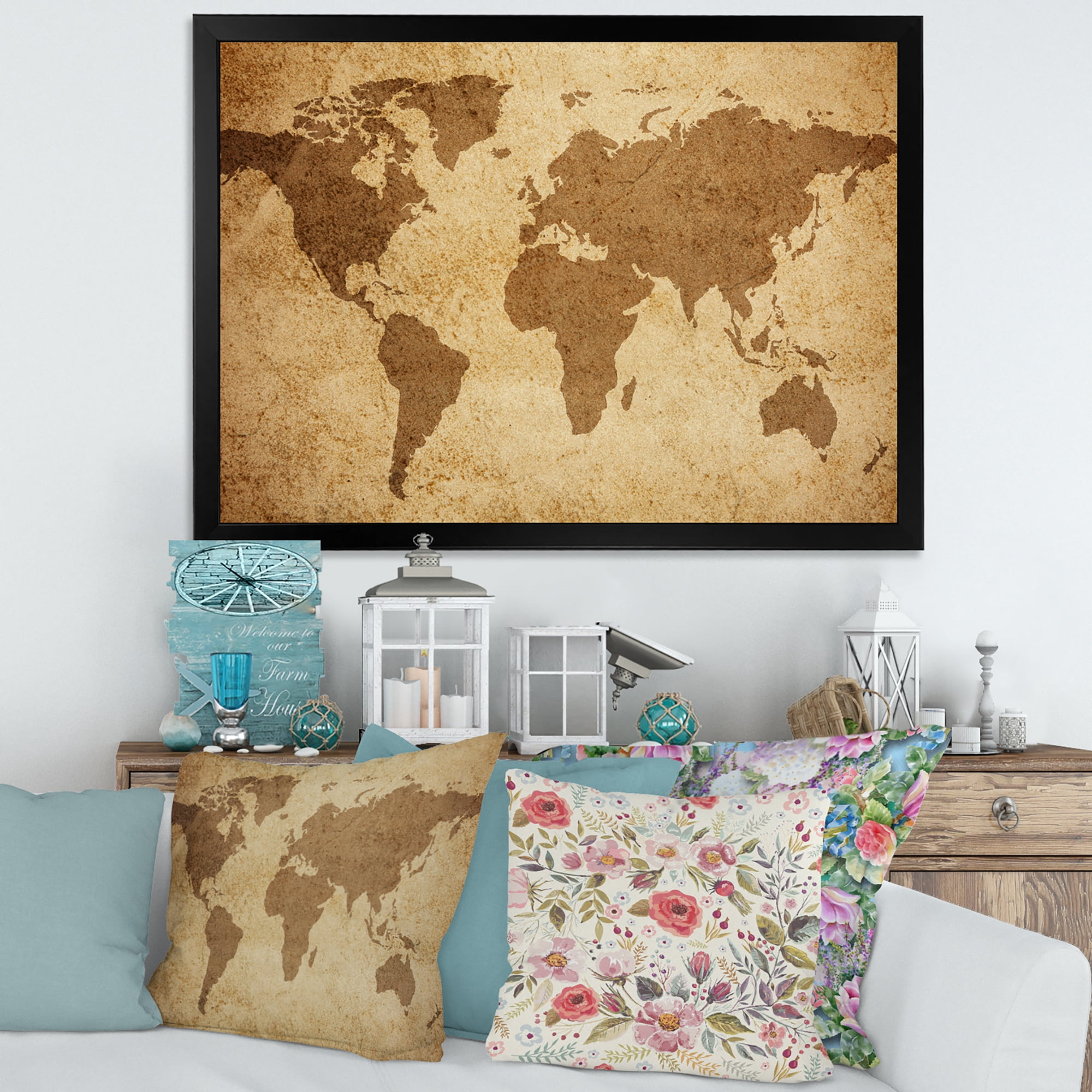 Designart 'Ancient World Map V' Vintage Framed Art Print