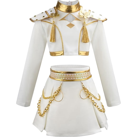 Guvpev G'irl's Halloween Cosplay Pop Singer Stage Costume, 2-Piece White & Gold Long Sleeve Crop Top with Shoulder Epaulets and Pleated Chain Skirt Dress Up Outfit Set