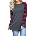 thumbnail image 2 of Camiseta de mujer, cuello redondo, manga larga, empalme a cuadros, camiseta informal, cuadros rojos, S kenally  AP000777-01, 2 of 7