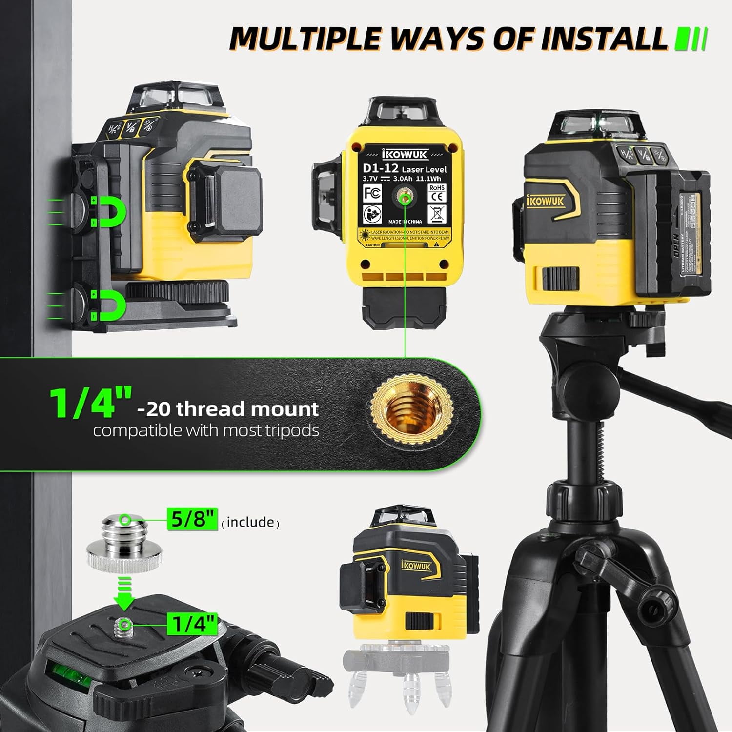 3x360° Green Laser Level, Self-Leveling 12-Line Laser Tool, Includes 2x 3000mAh Rechargeable Batteries & Type-C Charging, Carry Pouch