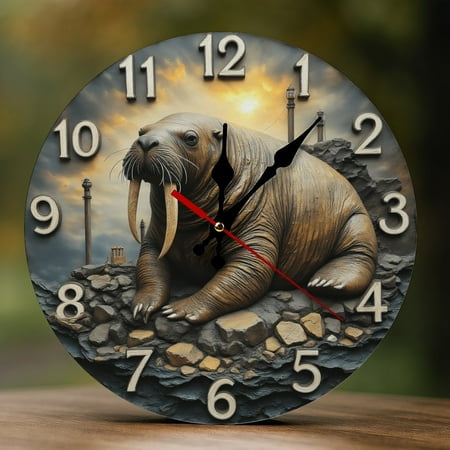 Wall Clock Decorative - Walrus Ocean Rock Print 2D Vintage Wall Clocks Battery Operated Silent Non-Ticking for Bedroom, Living Room, Kitchen, Office, Classroom, 10 Inch