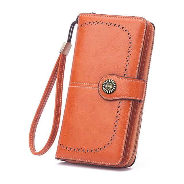 Cartera de mujer Sonducket Estilo Vintage Cera de aceite PU Cuero Monedero largo Gran capacidad Tarjetero hueco Monedas de moda