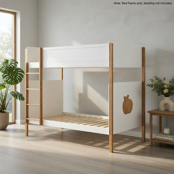 Demi Bonn Twin Over Twin Bunk Bed with Integrated Ladder and Safety Guardrails, Twin Bunk Beds, Space-saving Solid Wood Bed Frame, White