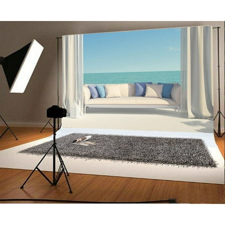 Image of MOHome 7x5ft Photography Backdrop Sea View Room Sofa White Curtain Sunshine Backrest Pillow Blue Ocean Nature Summer Holiday Wedding Photo Background Children Baby Adults Portraits Backdrop