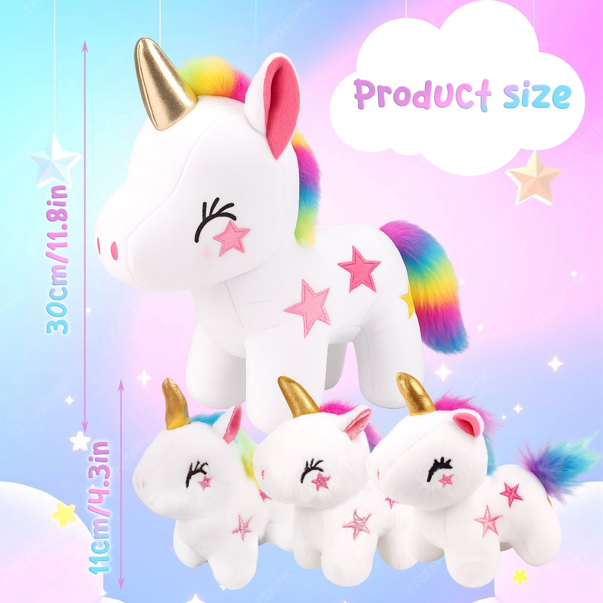 Dolizu 4-Pack Unicorn Plush Set: 1 large 11.8in + 3 small 4in unicorns. Ideal for kids’ play, bedtime and gifts for all ages.