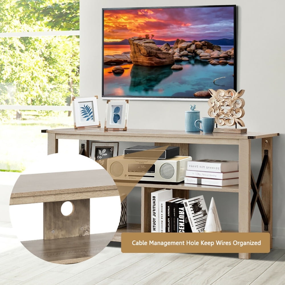 Finihen TV Stand, TV Cabinet, 3 Tier Wood TV Stand for 55-Inch with Open Shelves and X-Shaped Frame, Media Entertainment Center with Storage, for Living Room, Bedroom, Gray