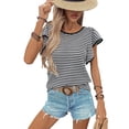 thumbnail image 3 of Womens Short Sleeve Sweater Round Neck Striped Pullover Cap Sleeve Knit Sweater Tops Black S, 3 of 9
