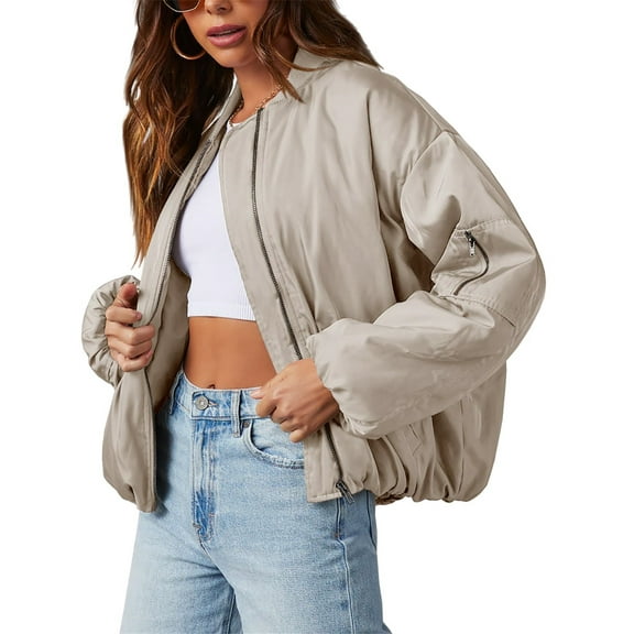 Women Oversized Casual Fully Lined Zip Up Jacket Coats with Pockets