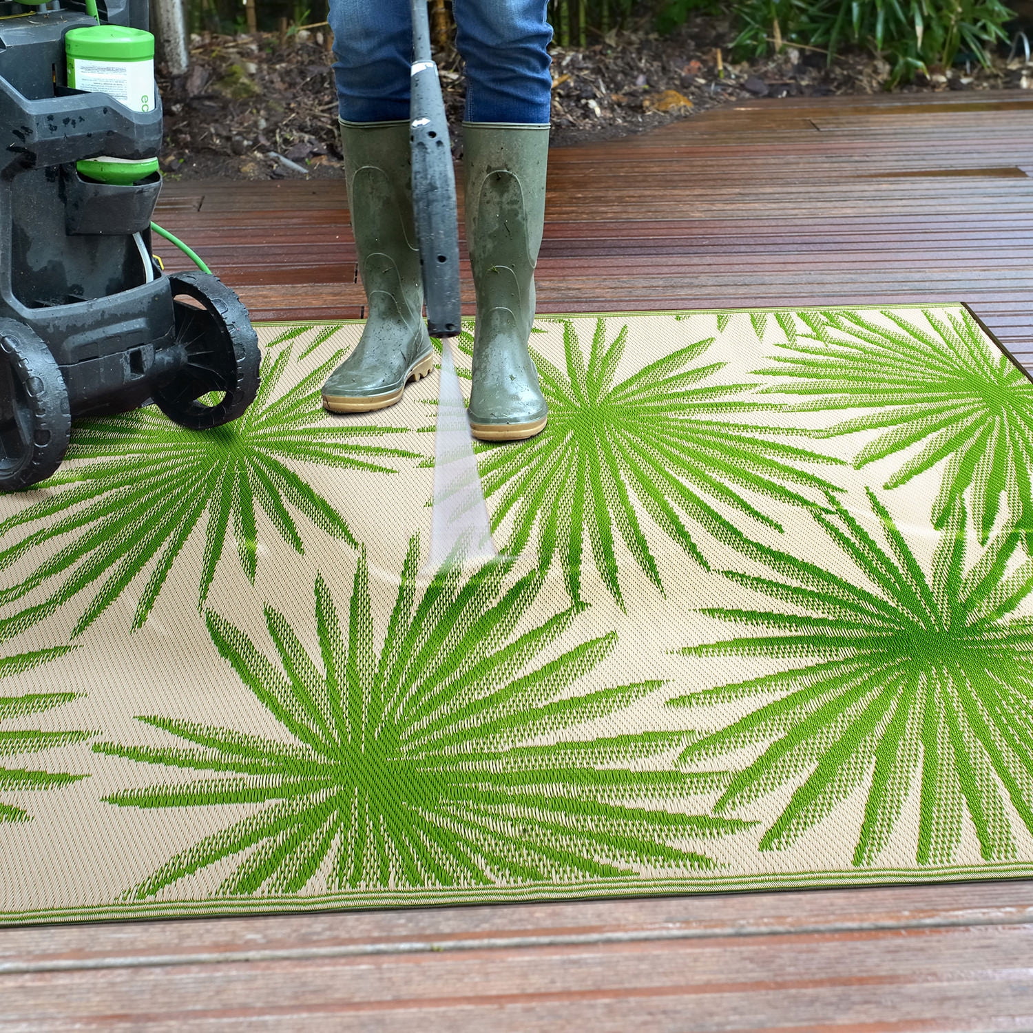 World Rug Gallery Floral Tropical Reversible Recycled Plastic Outdoor Picnic Mat, Camping Rug, RV Rug - GREEN 7'10"x10'