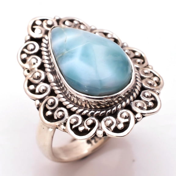 SATYAVIE JEWELLERY 925 Sterling Silver Ring Size US 6, Larimar Gemstone Ring, Handmade Silver For Women