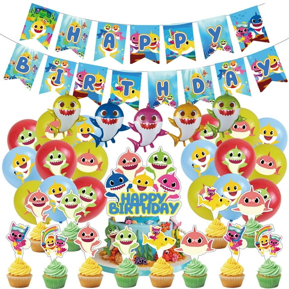 37 Pcs pour Décorations d'Anniversaire à Thème de Requin Dessin Animé, Essentiels de Fête et Souvenirs - Comprend une Bannière, un Dessus de Gâteau, 12 Dessus de Cupcakes, 5 Ballons en film d'Aluminium et 18 Ballons pour Ensemble de Fournitures de Fête