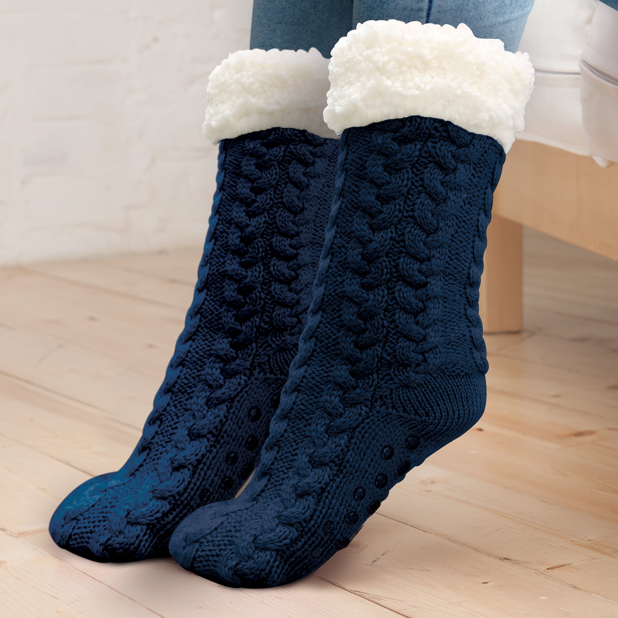 Huggle Slipper Socks, Ultra Plush Cable-Knit Non Slip Socks, Fleece Lined, One Size Unisex, Blue