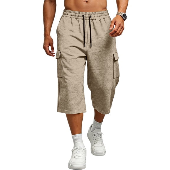 Hearthz Men's Capri Cargo 3/4 Pants Baggy Wide Leg Below Knee Yoga Beach Baggy 3/4 Shorts Pants Drawstring Lightweight Cargo Shorts for Men Khaki S