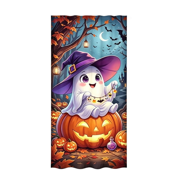 Cute Ghost Pumpkin Halloween Fabric Door Cover, 35.4in x 78.7in Spooky Season Front Door Hanging Decor Banner