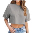 thumbnail image 2 of Women Crop Tops Crew Neck Short Sleeve T-Shirt Summer Solid Color Top Casual Loose Shirts Basic Tee Tops Dark Gray XXL, 2 of 7