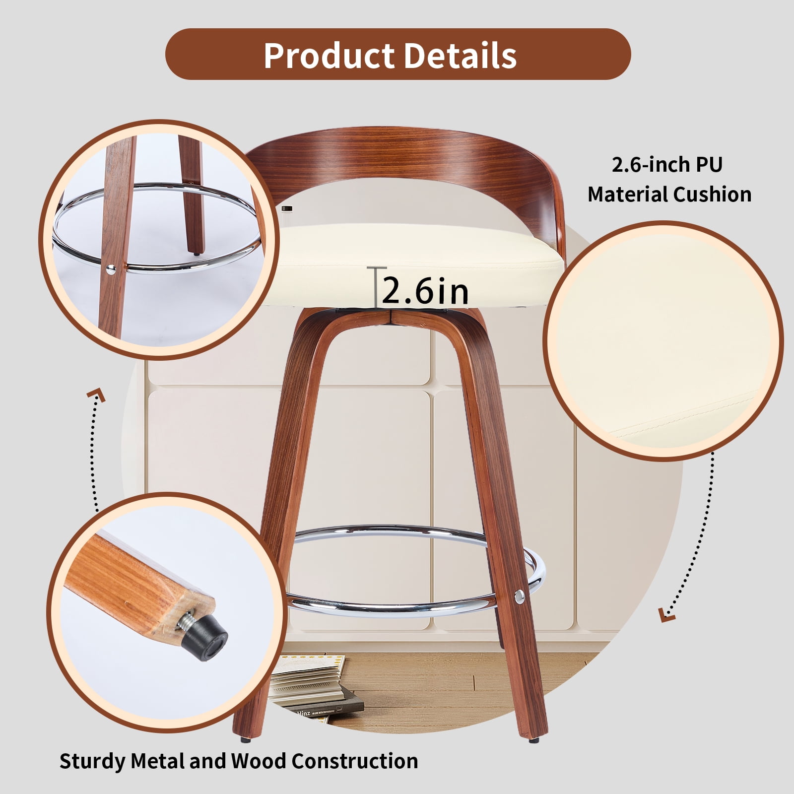 25" Counter Height Bar Stools Set of 4, Wood & PU Leather Counter Stools, Modern Swivel Bar Stools for Kitchen Counter Island, Barstool Chairs, Sillas Para Barra de Cocina (Beige, 4 Pcs)