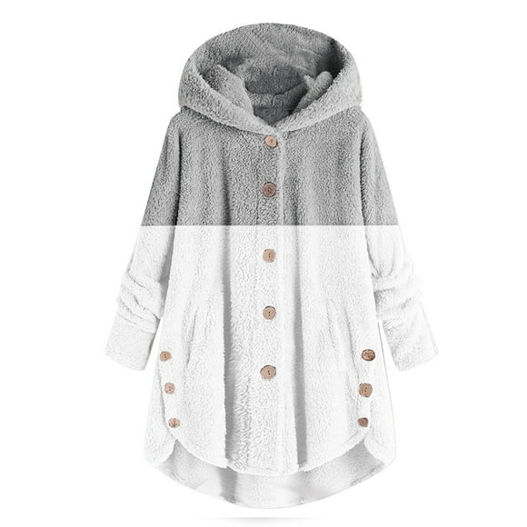 Bowake Women's Fuzzy Fleece Hooded Jackets Plus Size Color Block Plush Button down Coat Fall Winter Outerwear