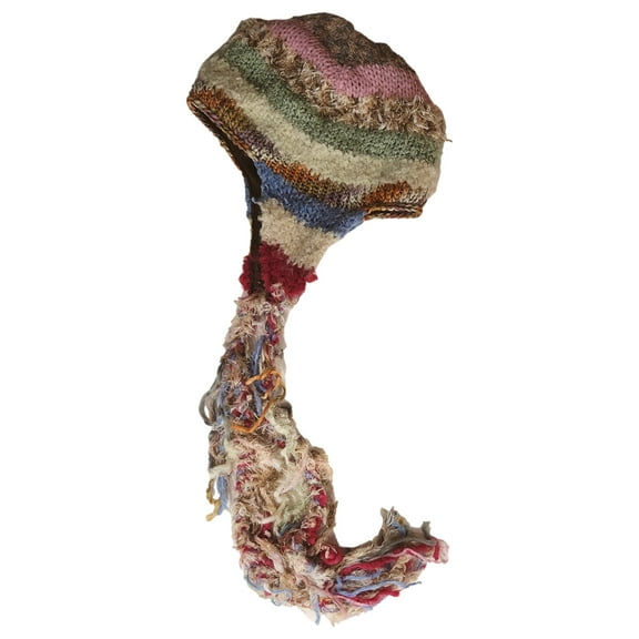 Womens Soft Beige Red & Pink Striped Lumpy Knit Trapper Hat