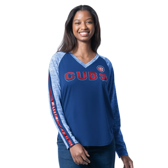 Women's G-III 4Her by Carl Banks Royal Chicago Cubs Top Dog Raglan Long Sleeve V-Neck T-Shirt