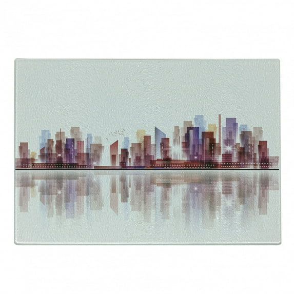 City Cutting Board, Landscape Modern Skyscrapers Metropolitan Silhouette Illustration Abstract Composition, Decorative Tempered Glass Cutting and Serving Board, Small Size, Multicolor, by Ambesonne